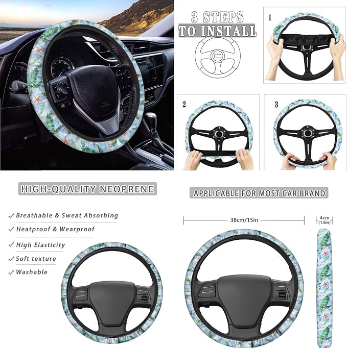 AFPANQZ Cratoon Sea Turtle Auto Interior Accessories Set of 11 Auto Front Seat Covers Steering Wheel Cover Gear Shift Knob Cover, Car Handbrake Sleeve, Seat Belt Shoulder Pads Cup Holder Coaster
