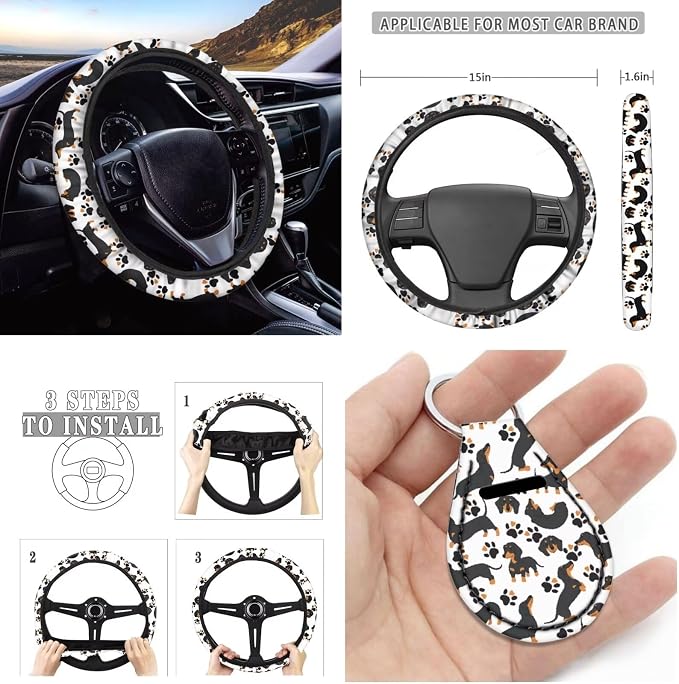 Black Dachshund Dog Car Seat Covers 12 Pcs Full Set Dog Lover Car Interior Set Durable Auto Steering Wheel Cover Dog Paw Seat Belt Pads Chapstick Holder Keychain for Women