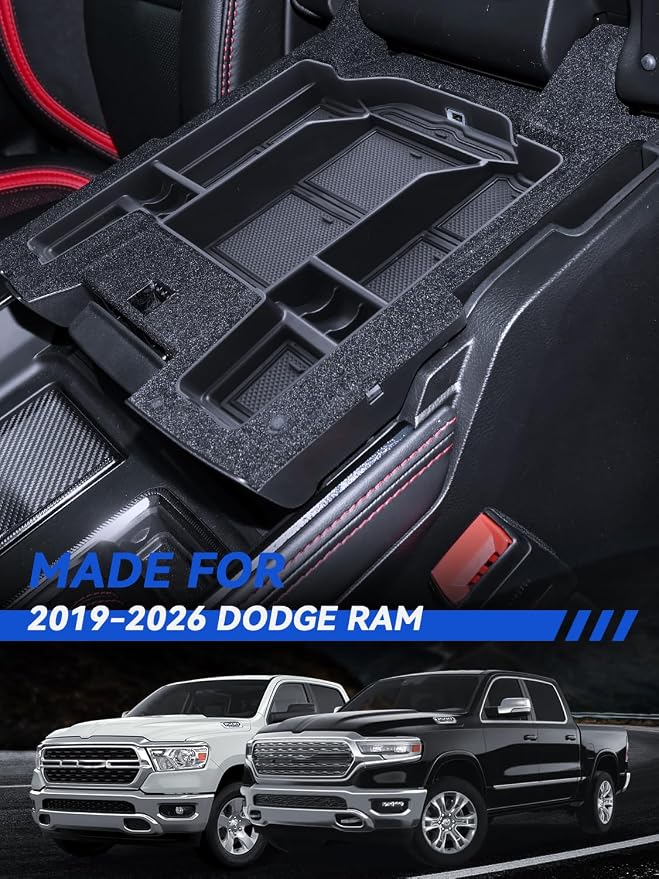 for Ram 1500 Center Console Organizer 2019-2025 2026 Dodge Ram 1500 2500 3500 Accessories Armrest Tray Middle Storage Box Insert Container Durable ABS Plastic