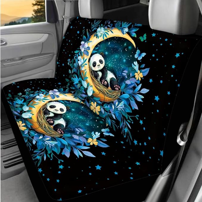 BIGCARJOB 15 Pcs Cute Panda Car Interior Sets for Women Car Seat Cover Vehicle Bucket Seat Cover Full Set Trash Can Car Seat Headrest Pillow Cover Seat Belt Pads