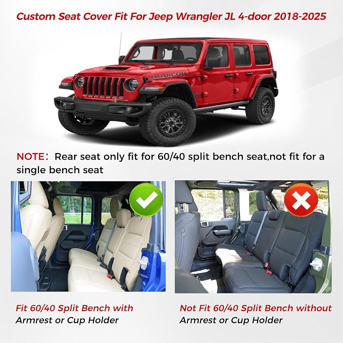 Huidasource Wrangler JL Seat Covers 4 Door, Wrangler Leather Seat Covers Full Set, Waterproof Seat Cushion Covers Fit for Jeep Wrangler JL 4-Door 2018-2026 with Rear Cupholder (Full Set/Black)