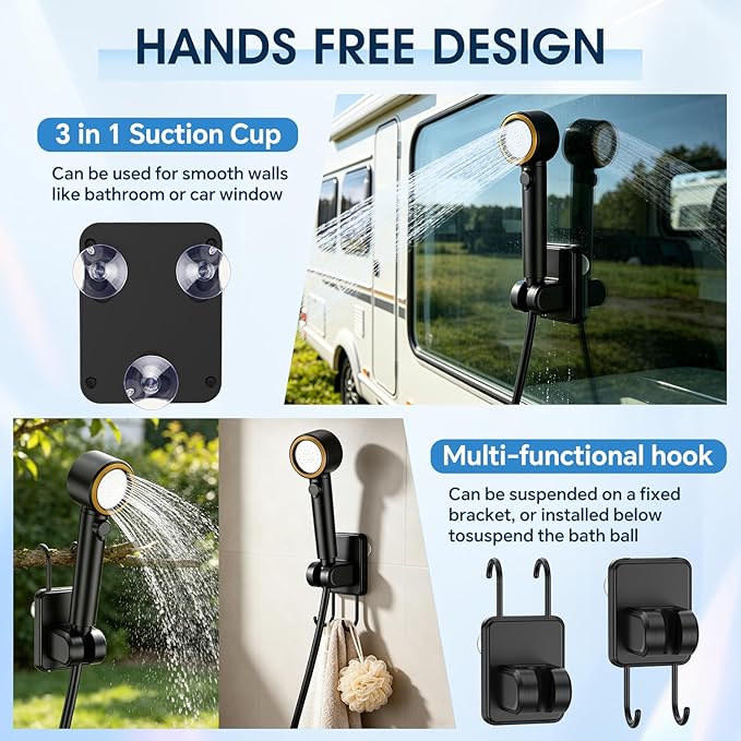 Portable Shower for Camping, 8000mAh Rechargeable Camp Shower Pump, LED Display Temp & Power, 5 Pressure Settings, 4 Spray Modes (+Spray Gun), IPX8 Waterproof, Ideal for Outdoor, Beach, Pet, Car Wash