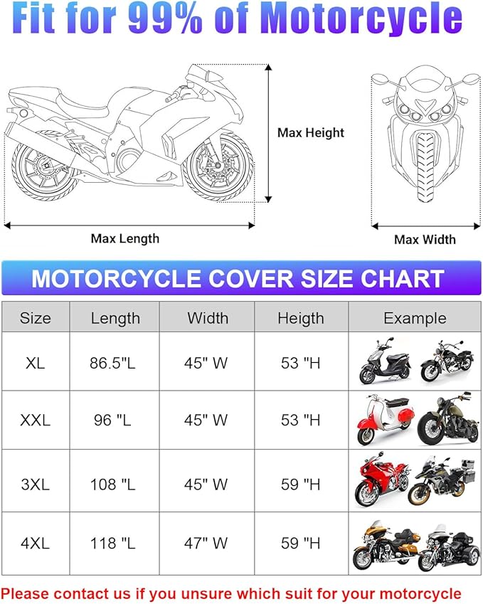 Full Enclosed Large Motorcycle Cover Waterproof Outdoor/Indoor Storage Waterproof Motorcycle Cover Heavy Duty with Reflective Strips Fits Motorcycles Length up to 118" with Side+Top Box