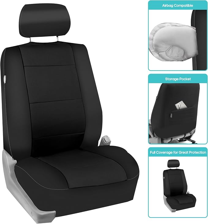 FH Group Car Seat Covers Full Set Neoprene - Universal Fit, Automotive Low Back Front Seat Covers, Airbag Compatible, Split Bench Rear Seat, Washable Seat Cover for SUV, Sedan Black