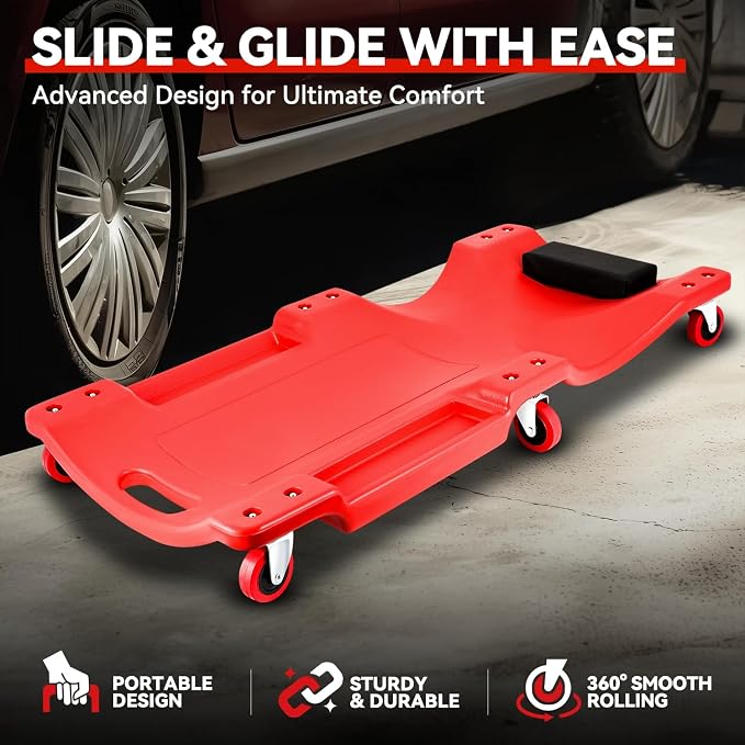 Auto Dynasty 36 Inches Mechanic Creeper, Automotive Garage Repair Low Profile Under Car Rolling Creeper with Padded Headrest, Plastic, Red