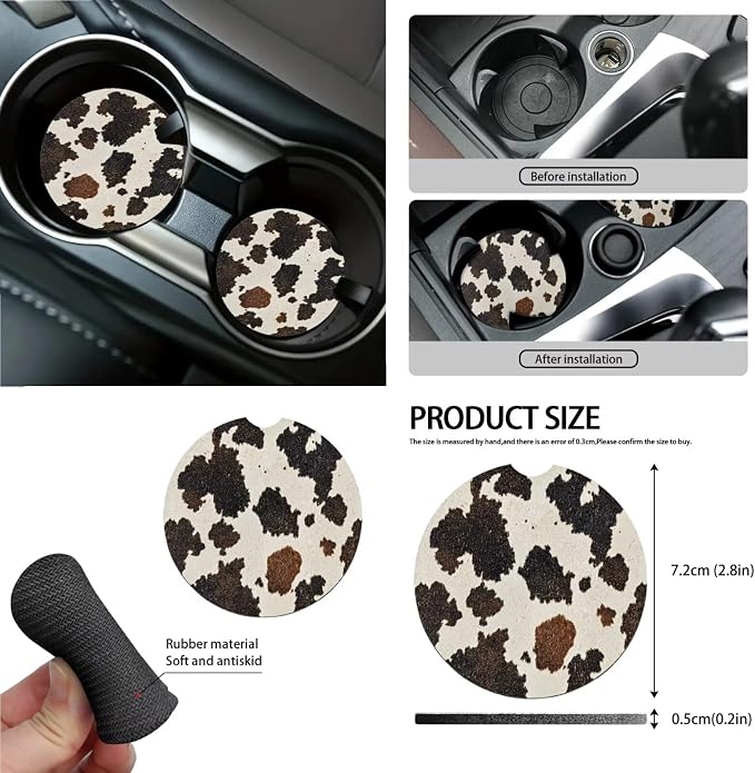 Cow Pattern Car Accessories Set of 15 Car Seat Cover Full Set with Steering Wheel Cover Car Trash Can Coasters Air Vent Storage Bag Seatbelt Cover Rearview Mirror Cover
