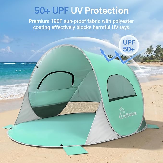 Wolfwise Pop up Beach Tent Sun Shelter with UPF50+ UV Protection, Instant Easy Setup Popup Beach Shade Canopy for 2 Person, Portable & Foldable with Carring Bag, 79 ×49×38 in, Mint Green
