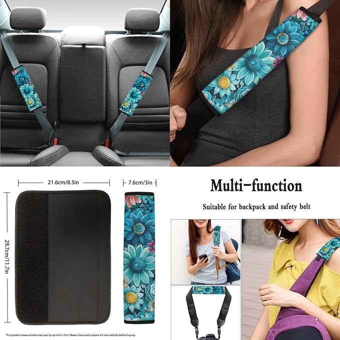 8 Pcs Novelty Flower Car Seat Covers Full Set Car Accessories for Women Front Seat Cover Steering Wheel Armrest Cover Seat Belt Cover for Auto SUV Interior Decoration