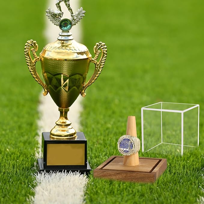 Clear Acrylic Championship Ring Display Case with Wood Stand Base, Memorabilia Stand Cube Holder Dust Protection Transparent Storage Box for Sports Baseball Basketball Fan Souvenir Protection Supplies