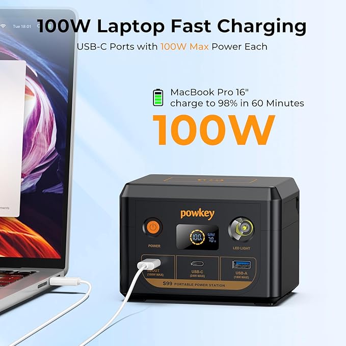 powkey Laptop Power Station 100W Portable Charger PD 3.0 Fast Charging 96Wh LiFePO4 Power Bank with USB-C Cable,Battery Backup for Laptop Phone Travel Camping Office Emergency Home
