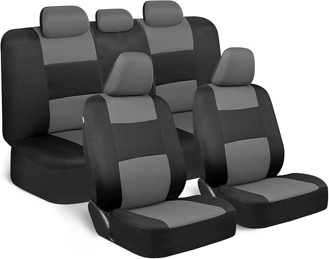 BDK PolyPro Car Seat Covers Full Set in Gray on Black, Front and Rear Split Bench Seat Covers for Cars, Easy to Install Car Seats Cover Set and Accessories for Auto Trucks Van SUV - Gray