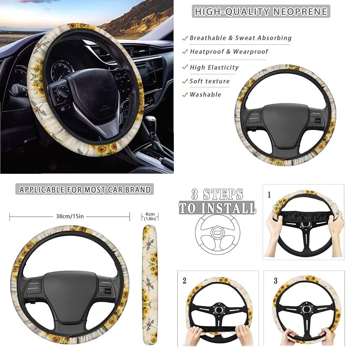 Suobstales Dragonfly Sunflower Print Car Seat Covers 11 Pcs Car Accessories Interior Set Auto Front Rear Split Seats Protectors with Steering Wheel Cover, Seatbelt Pads, Cup Holder, Keychain