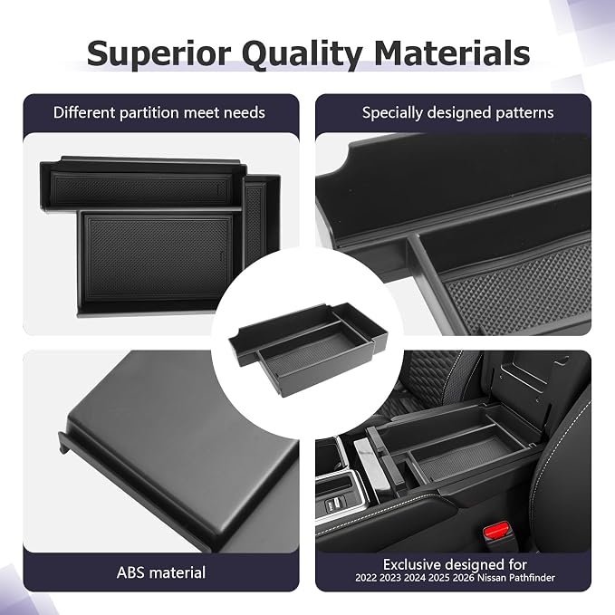 LUWU 2025 2026 Pathfinder Center Console Organizer Compatible with Pathfinder 2022 2023 2024 2025 2026 Accessories Armrest Console Storage Box Insert Tray ABS Material Coin Container, Black