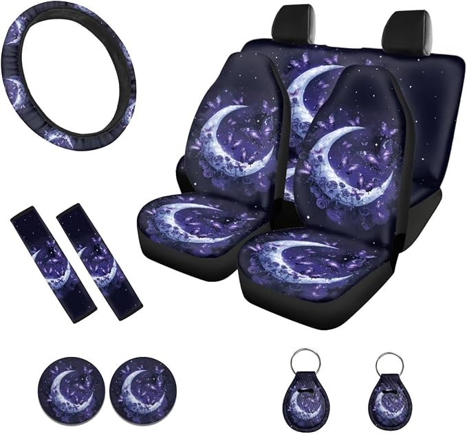POLERO Moon Butterfly Car Accessories Car Seat Protector for Women Floral Steering Wheel Cover Seatbelt Covers Cup Holder Coasters Aesthetic Full Set 11pcs