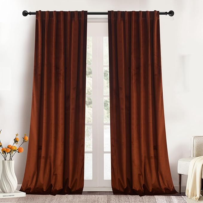 Roslynwood Luxury Soft Rust Velvet Curtains 108 inches Long Back Tab Thermal Insulated Blackout Window Drapes for Living Room/Bedroom/Dining Room, W52 x L108, 2 Panels