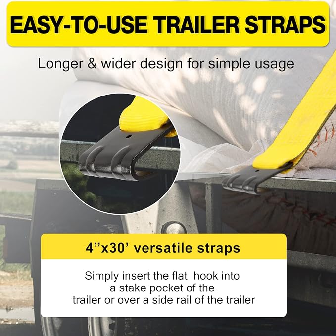 4" x30' Flat Hook Winch Straps 4 Pack and Strap Winder for Flatbed Trailer