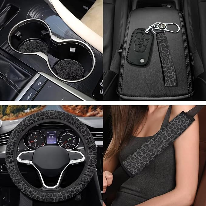 Black Leopard Print 11 Pack Car Seat Covers Full Set Front Seat Cover Car Steering Wheel Cover Auto Seat Belt Cover Gear Lever Cover Cars Rear View Mirror Cover for Cars SUV