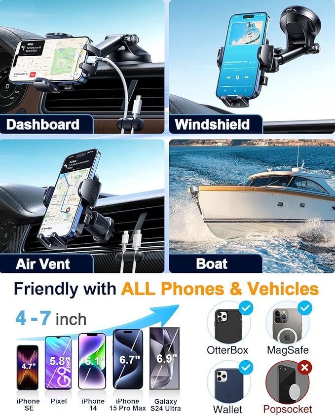 YRU True Military-Grade [360° Rotation Suction] 2026 Ultimate Car Phone Holder Mount 【90+LBS Safest Strongest & Patent Certs】 Dashboard Windshield Vent for iPhone 17 16 Pro Max Samsung, Royal Blue