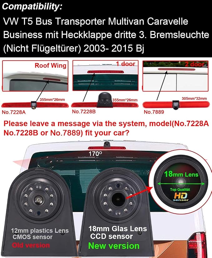 HD 1280x720 Pixels 1000 TV Lines 3rd Brake Light Reversing Camera Brake lamp Parking Camera for VW T5 Bus Transporter Multivan Caravelle Business Third Stop Light 2003-2015 Bj