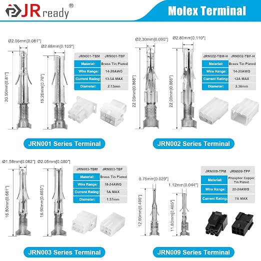 JRready ST6531 Pin Connectors Male Female Crimp Contact Pins Terminals Kit Deutsch 12 16 20 Molex MLX 093” 062” Micro-Fit Mini-Fit Jr. Superseal 1.5 Terminal with Pin Extractor Removal Tool 1310Pcs