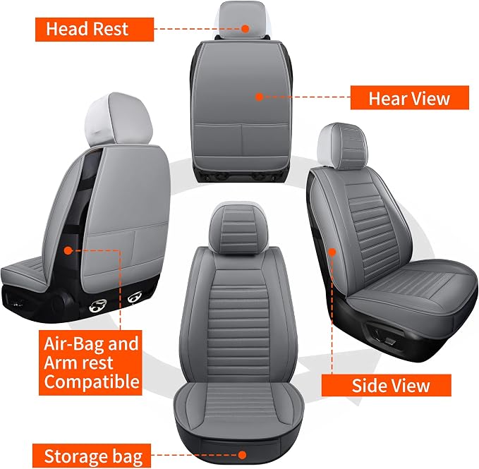 HChengkikz Car Seat Covers, Waterproof Horizontal Stripes Automotive Seat Covers, Universal Anti-Slip Car Seat Protectors for Most Cars Sedans SUV Pick-up Truck (2 PCS Front Seat, Grey)