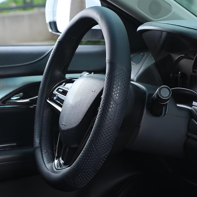 Yangday Leather Steering Wheel Cover for Toyota RAV4 Corolla Camry Highlander, 14.5-15 inches Car Steering Wheel Cover with Non-Slip Breathable (Black)