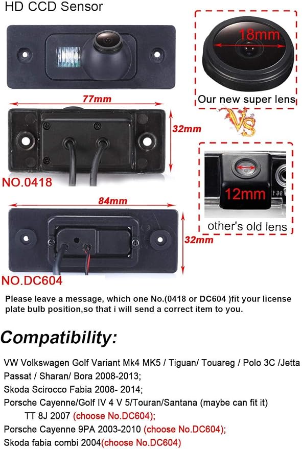 HD 720P Night Vision Waterproof Car License Light Plate Back Up Rear View Reverse Camera Replacement for Porsche Cayenne 9PA 2003-2010/Skoda Fabia Combi 2004/Audi TT 8J 2007