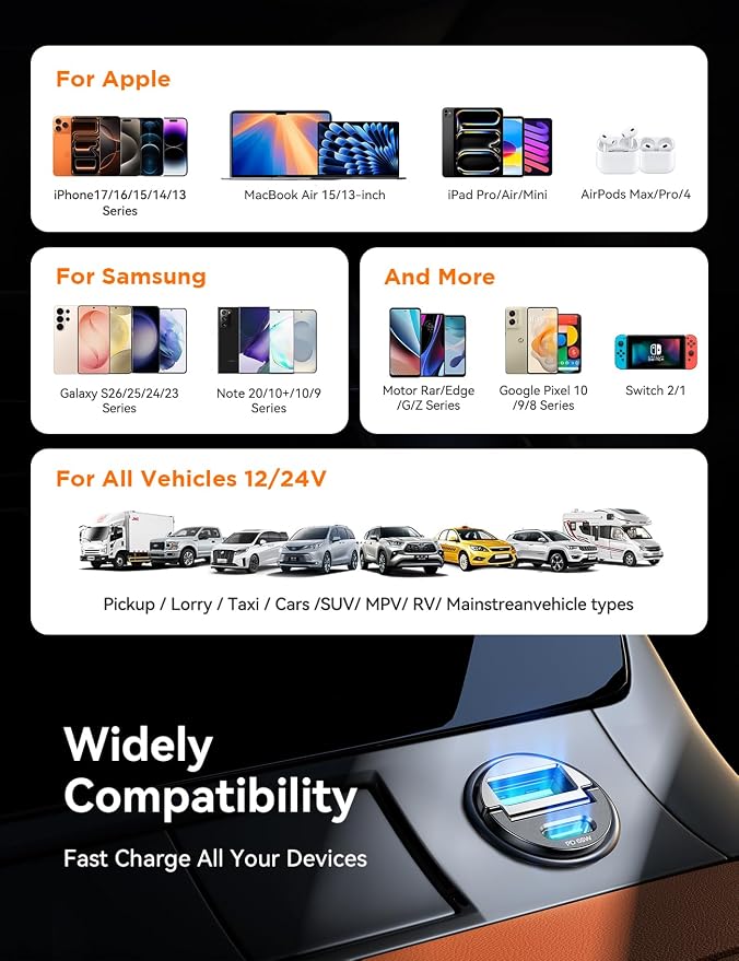 JOYROOM 2-Pack USB C Car Charger [Flush & Pull Ring] 65W PD + 60W QC Dual-Port Car Cigarette Lighter Charger, Fast Car Charger for iPhone 17/16/15 Series, Galaxy S26/25/24, MacBook Air, iPad and More