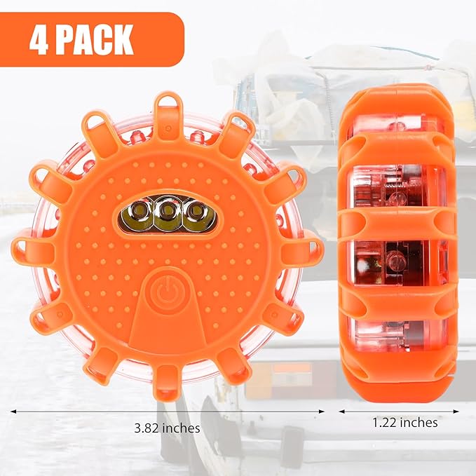 Tallew 4 Pack LED Road Emergency Roadside Lights Flashing Safety Warning Kit Beacon Magnet Hook Vehicle Boat Truck Disc Magnetic Flash Cars Security Driveway Automotive Strobe