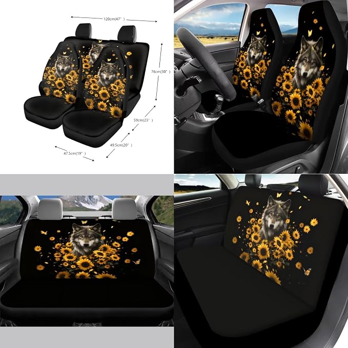 Wolf Sunflower Black Print Car Accessories Car Seat Covers Full Set with Steering Wheel Covers+Seat Belt Pads+Coasters+Keychain+Lipstick Holder Universal Fit 13 Pack