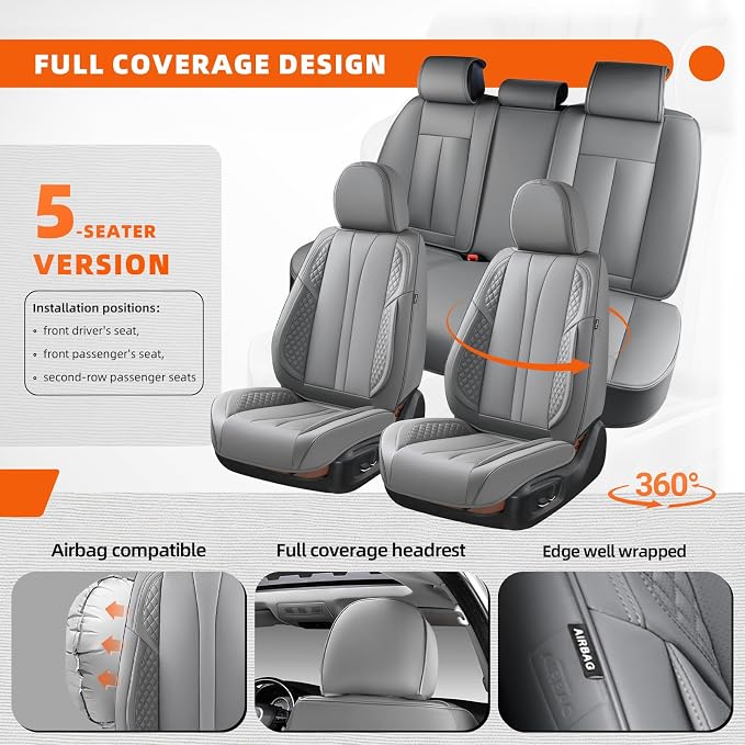 5-Seater Car Seat Covers Full Set Waterproof and Breathable Nappa Leather, Fit for Front and Rear Seats of Cars, Compatible with Airbags, Car Seat Protector Covers for Most Cars - Grey