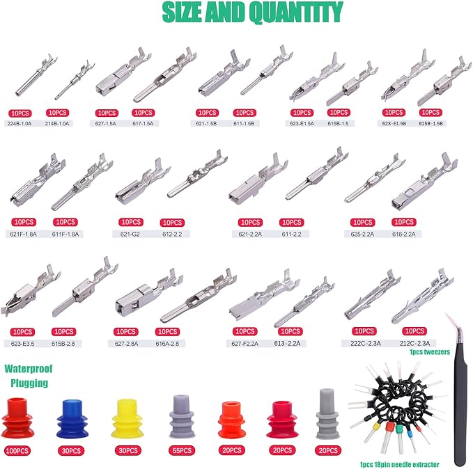 Twidec/535Pcs Car Electrical Wire Terminal Pins Connector Kit 1/1.5/1.8/2.2/2.8/3.5mm 26Type Male&Female Connector Pins Terminal Auto Electric Connectors Non-Insulated Plug Removal Crimp Pins