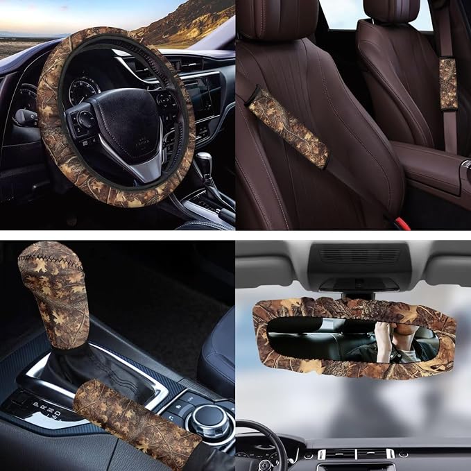 Camo Hunting Forest Car Seat Covers 11 Pieces Car Rear View Mirror Cover Steering Wheel Cover Auto Seat Belt Cover Gear Lever Cover Hand Brake Cover for Cars SUV