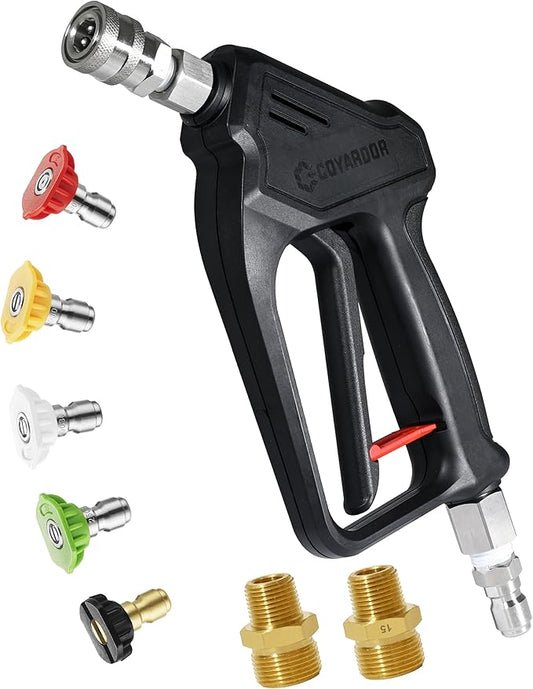 Pressure Washer Short Gun with Swivel 3/8" Male Plug & 1/4”Quick Connector Coupler - Comfortable Handle - Compatible with Foam Cannon for Car Wash 4000 PSI, Black