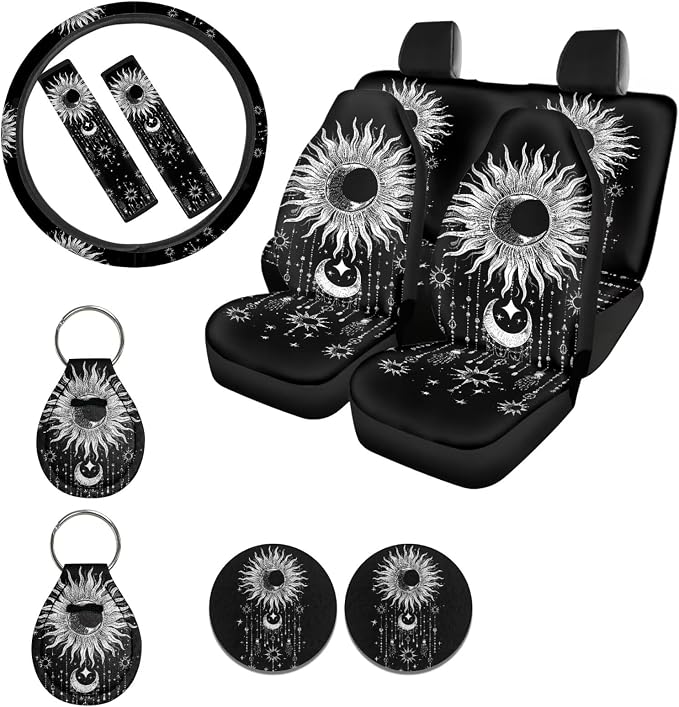 Ystardream Sun and Moon Car Seat Cover Sets for Women Stretchy Car Seat Cover with Elastic Mirror Cover Steering Wheel Cover Seatbelt Covers,Decorative Car Interior Accessories Sets for Women Girly