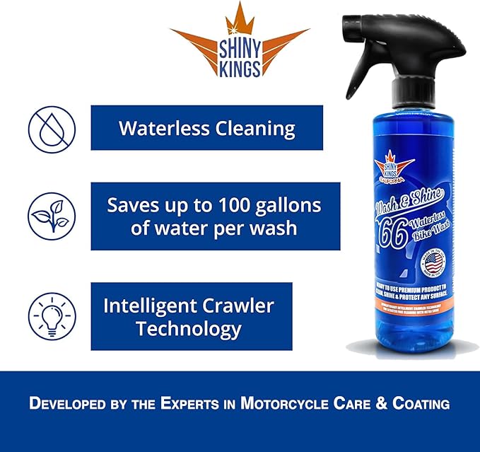 Shinykings Wash&Shine 66 WATERLESS Motorcycle Cleaner | Made in USA | Ultra Shine Effect | Detailing Wash Spray for All Surfaces | 16 fl.oz
