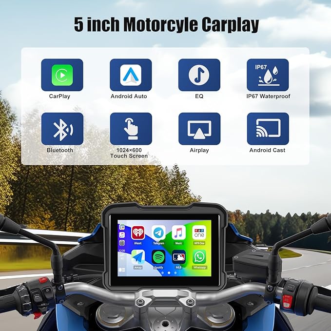 Motorcycle GPS Navigation System with Wireless Carplay Android Auto 5" Moto CarPlay Screen with Dual Bluetooth, Navigation/Siri/G00gle Assistant Waterproof