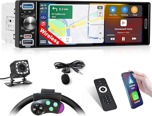 Inefala 6.5" Wireless Carplay Car Stereo Incell Single Din Touchscreen Radio Android Auto Bluetooth 5.2 Backup Camera Car Audio Receiver USB Type C FM RDS EQ SWC MIC