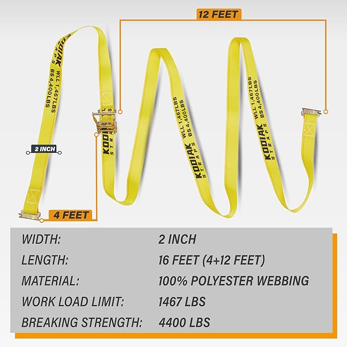 2 Pack E-Track Ratchet Straps 2" x 16' x 4,400 lbs Strength for Cargo Tie Down in Enclosed Trailer & Van by KODIAK STRAPS