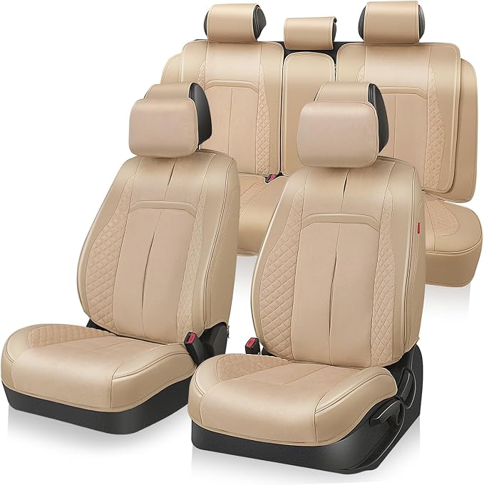 Auto Dynasty Car Seat Covers Full Set, Automotive Seat Covers for Cars Breathable Waterproof, Universal Anti-Slip Car Interior Protectors Compatible Airbag Fit Most Cars, Beige, Voris Series