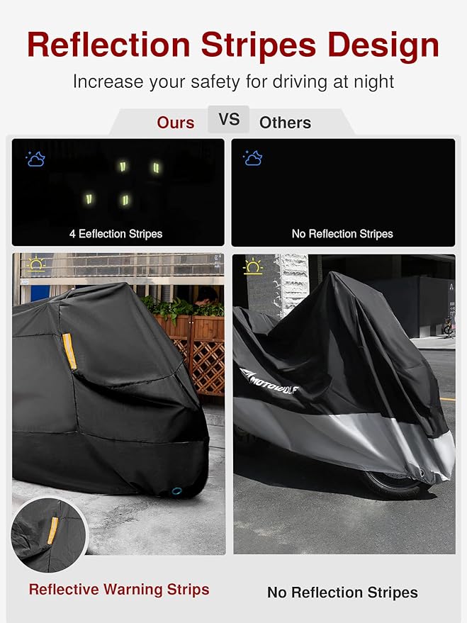 Puroma Motorcycle Cover Heavy Duty Scooter Cover Waterproof Outdoor All Season Universal Weather Quality Protection with Night Reflective, Lock Holes and Storage Bag Fits up to 105" Motorcycle Vehicle