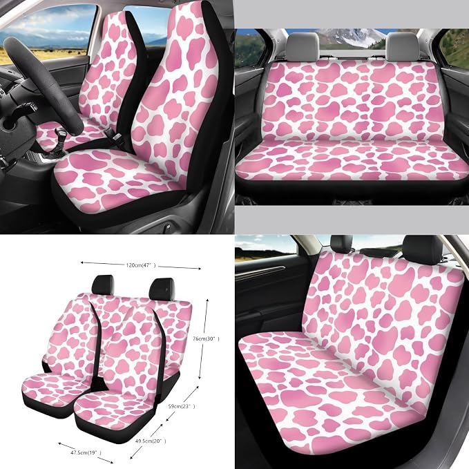 Cow Print Car Seat Covers Full Set with Steering Wheel Cover for Women Universal Auto Interior Accessories for Truck Sedan SUV Decorative Safety Belt Pads Cup Cushions, Pink
