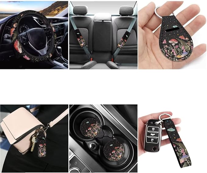 Butterfly Mushroom Auto Seat Covers Universal Fit Car Steering Wheel Cover+2PCS Shoulder Seat Belt+2 Pcs Coaster+2 Pcs Key Chain+1 Pcs Chapstick Holder Pouch Mushroom Decor Accessories