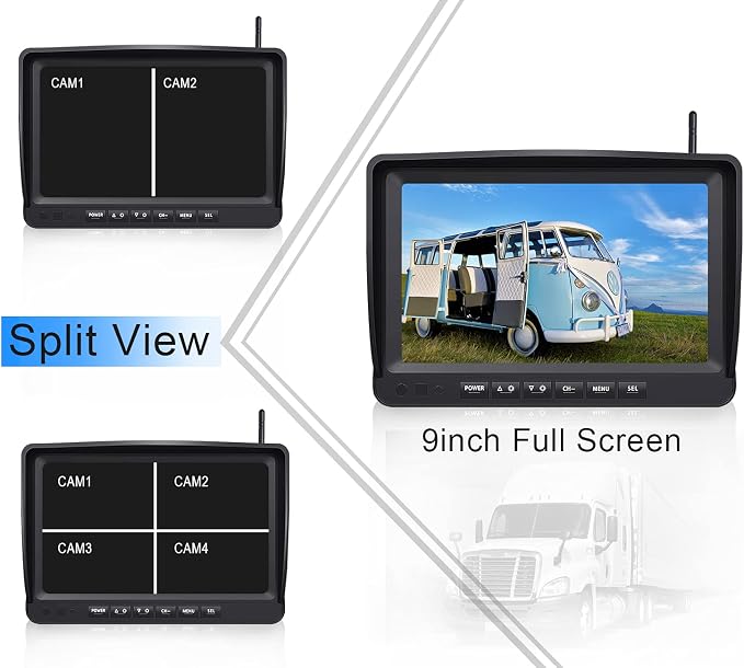 4 Wireless Backup Camera System HD 1080P 9" DVR Quad Split Monitor, IP69 Waterproof Hardwired Wireless Rear View Side View Cameras for RV Truck Trailer Camper, Loop Recording- ZEROXCLUB B904