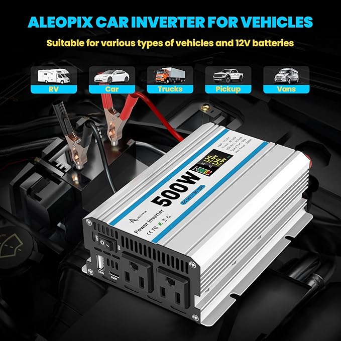 500W Car Power Inverter 12V DC to 110V AC, Car Charger Plug in Adapter Outlet with 2 AC Outlets&PD 36W USB-C&QC 18W Port, Portable Power Converters for Laptop Vehicles Camping Road Trip
