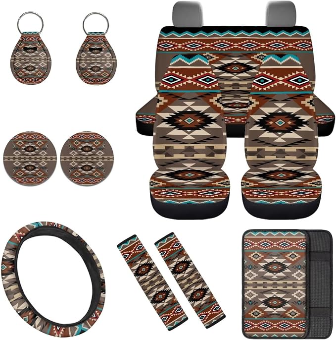 Brown Aztec 12 Pcs Car Seat Covers with Steering Wheel Cover,Seat Belt Covers Cup Holder with Keychain Novelty Automotive Protector Set Universal Fit Automotive Most Cars