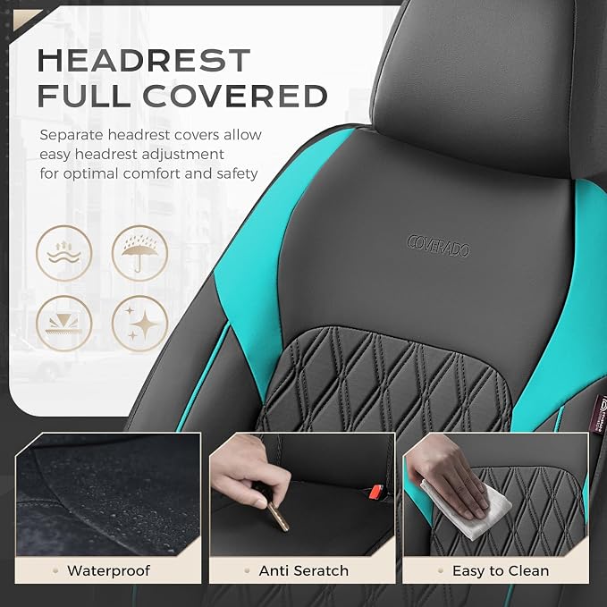 Coverado Seat Covers Full Set, Faux Leather Car Seat Covers for Cars, Waterproof Car Seat Cover, Universal Seat Covers, Car Seat Protector Car Seat Cushion Universal Fit Most Cars Trucks, Black&Blue