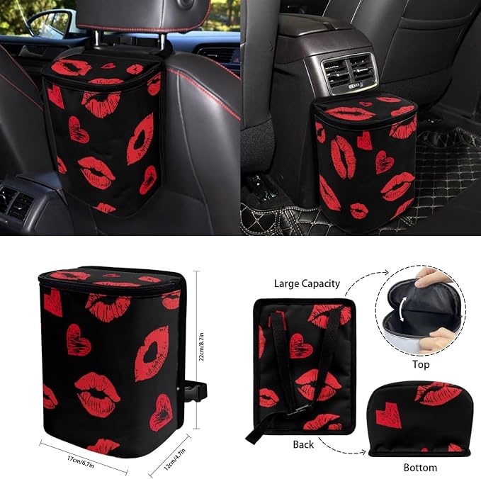 15 Pcs Red Lip Car Seat Covers Full Set for Women Car Accessories Interior Car Steering Wheel Cover Seatbelt Covers Trash Bin Rear View Mirror Cover Cup Holders Keychain