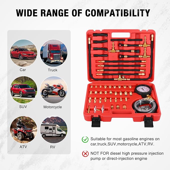 Nilight Fuel Pressure Tester Kit, 0-140 PSI Fuel Pressure Gauge with 9.49,7.89,6.30 Fuel Line Fittings, Master Fuel Injection Pressure Automotive Test Tool