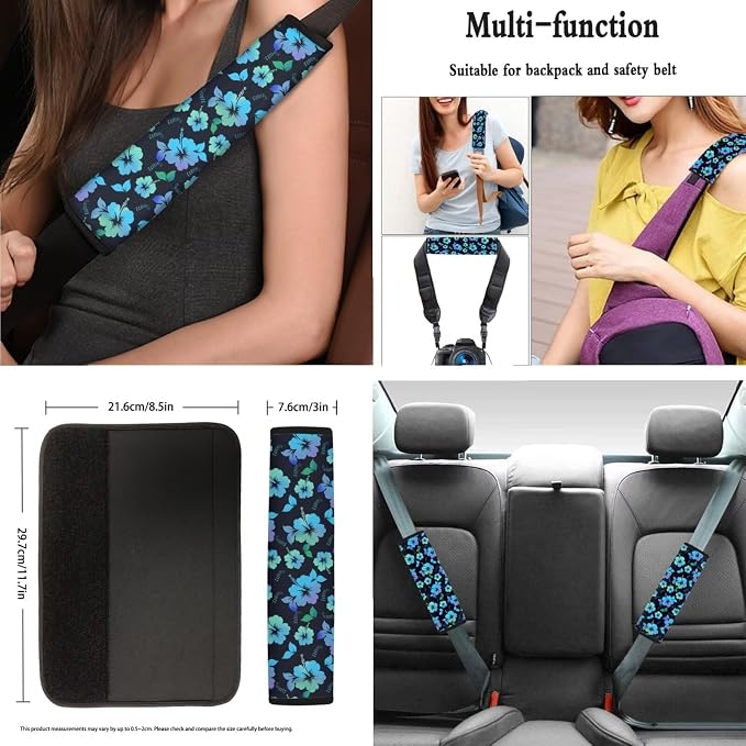 AFPANQZ Blue Tropical Flower Car Seat Covers Full Set for Women with Steering Wheel Cover + Seat Belt Strap Pads + Gear Shift Knob Handbrake Cushion Cupholder Coasters Luxury Auto Decor